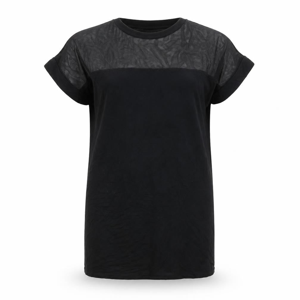 Front view of PRETTYLITTLETHING women’s black viscose t-shirt dress, size UK 16, round neck pullover - mesh panel