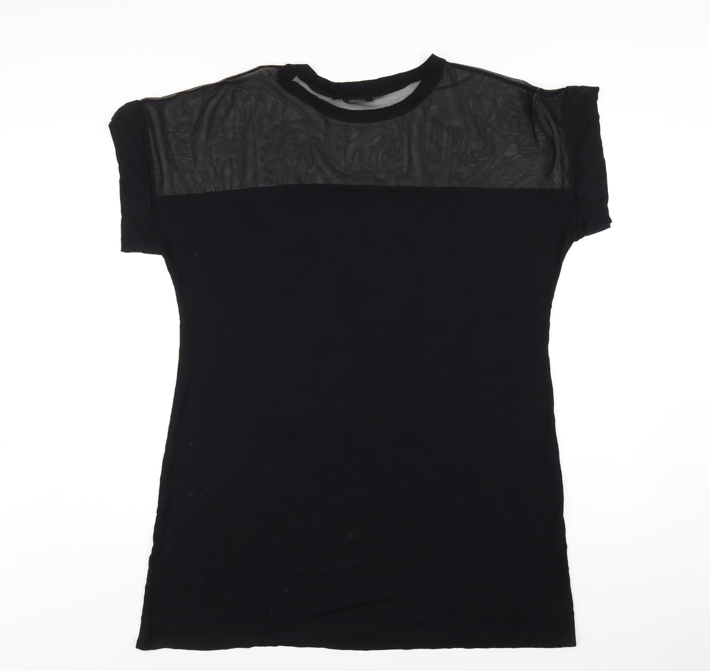 PRETTYLITTLETHING Womens Black Viscose T-Shirt Dress Size 16 Round Neck Pullover - Mesh Panel