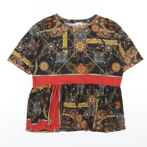 Zara Womens Multicoloured Geometric Polyester Basic T-Shirt Size S Round Neck