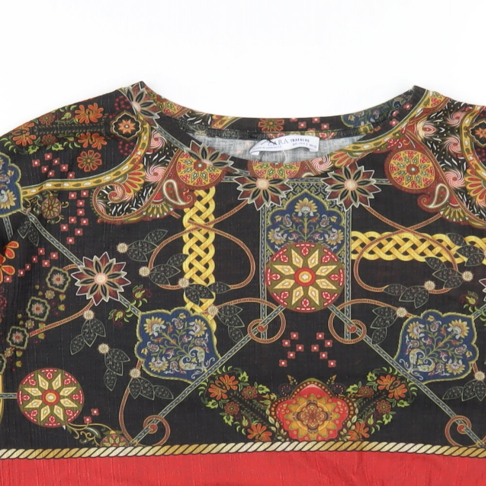 Zara Womens Multicoloured Geometric Polyester Basic T-Shirt Size S Round Neck