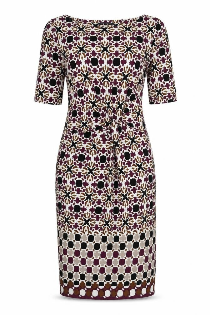 Front view of Marks & Spencer women’s multicoloured geometric polyester bodycon, size UK 8, round neck pullover