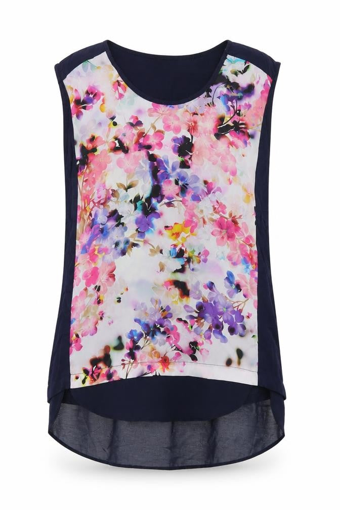 Front view of Oasis women’s blue floral viscose basic tank, size S, round neck