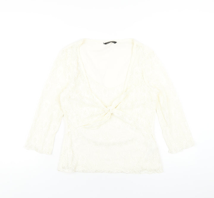 Dunnes Stores Womens Ivory Nylon Basic T-Shirt Size 14 Round Neck
