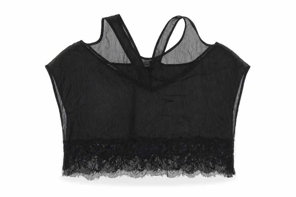 Front view of ASOS women’s black polyester basic t-shirt, size UK 12, round neck - lace trim
