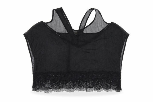 Front view of ASOS women’s black polyester basic t-shirt, size UK 12, round neck - lace trim