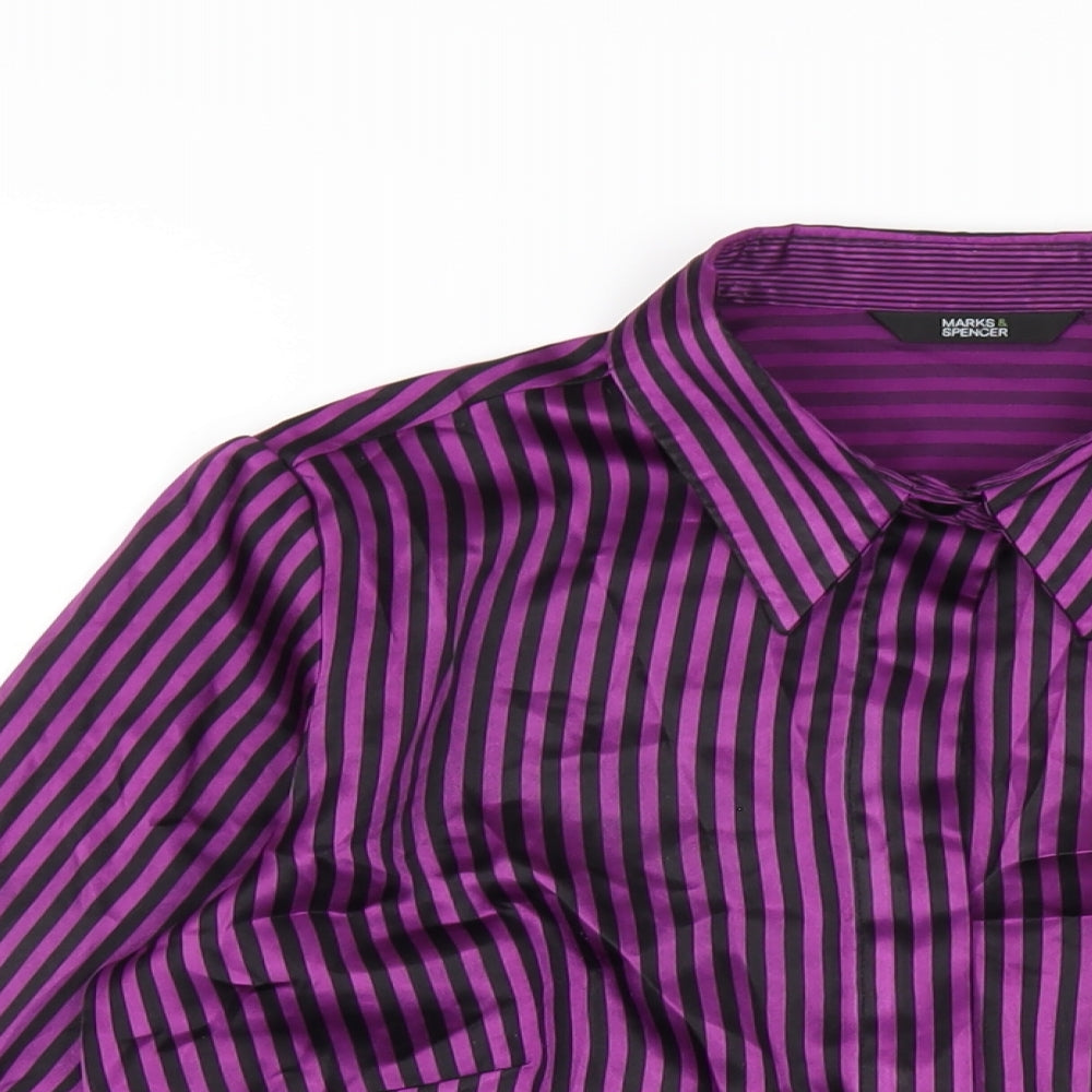 Marks and Spencer Womens Purple Striped Polyester Basic Button-Up Size 10 Collared