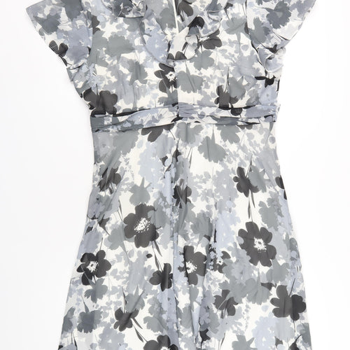 BHS Womens Grey Floral Polyester A-Line Size 18 V-Neck Zip