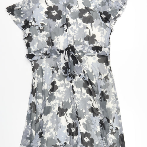 BHS Womens Grey Floral Polyester A-Line Size 18 V-Neck Zip