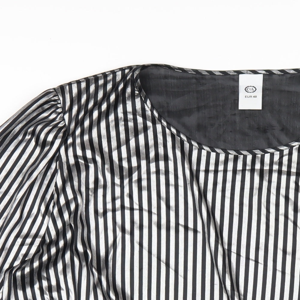 C&A Womens Silver Striped Polyester Basic T-Shirt Size 20 Round Neck