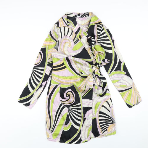 New Look Womens Multicoloured Geometric Polyester Wrap Dress Size 6 Collared Tie