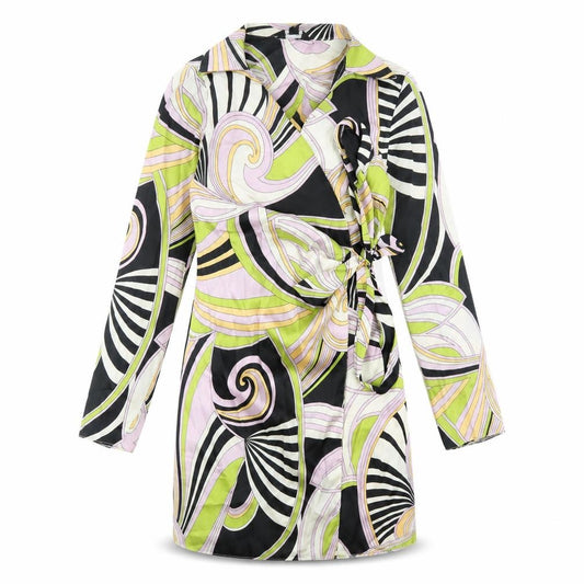 Front view of New Look women’s multicoloured geometric polyester wrap dress, size UK 6, collared tie