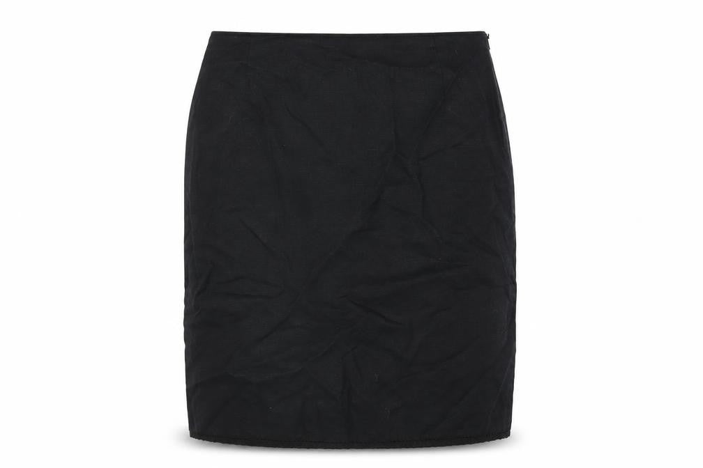 Front view of Olsen women’s black linen a-line skirt, size UK 14, zip