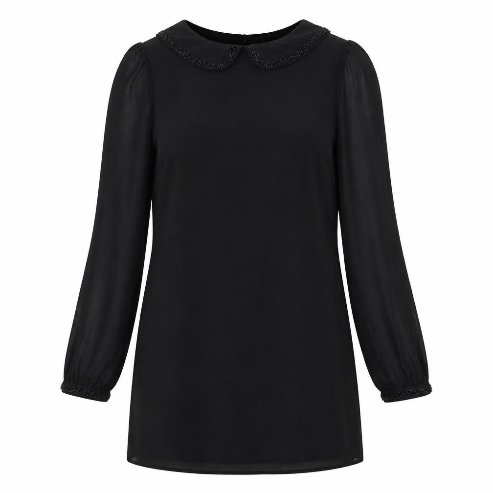 Front view of Next women’s black polyester a-line, size UK 12, round neck button - beaded collar