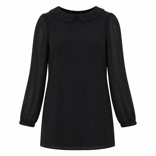 Front view of Next women’s black polyester a-line, size UK 12, round neck button - beaded collar