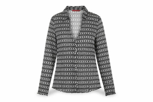 Front view of John Richmond women’s black geometric polyester basic button-up, size UK 12, collared