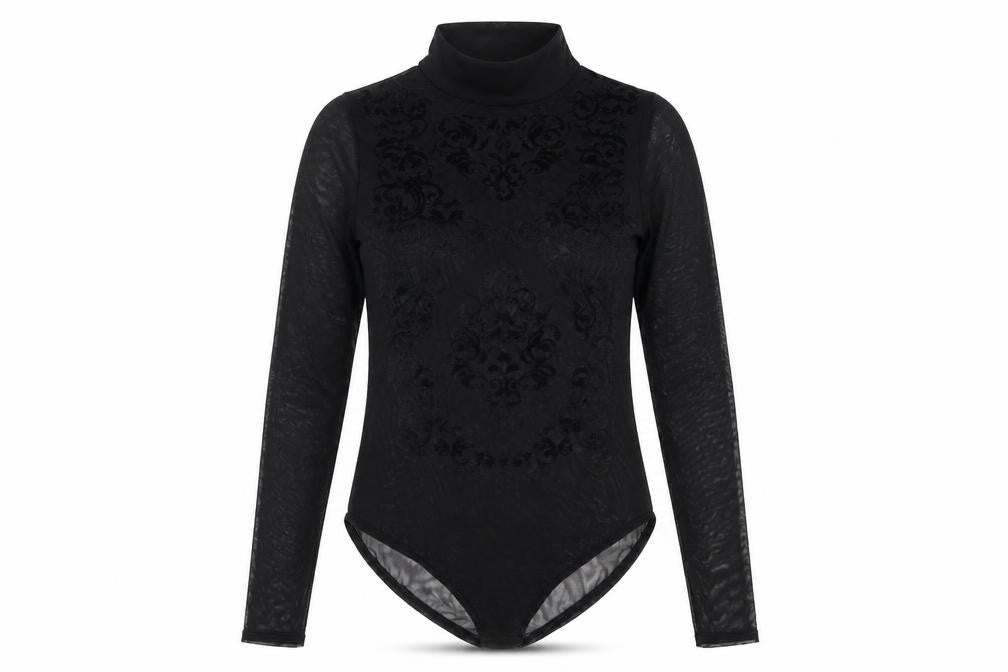 Front view of Ayanapa women’s black polyester bodysuit one-piece, size UK 8, snap