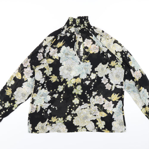 H&M Womens Black Floral Polyester Basic Blouse Size 8 High Neck