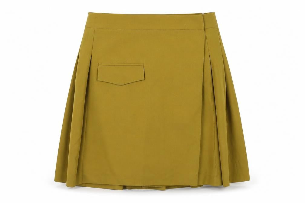 Front view of ASOS women’s green polyester pleated skirt, size UK 8, button