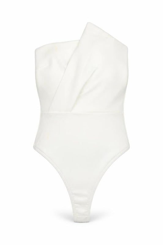 Front view of Boohoo women’s white polyester bodysuit one-piece, size UK 10, pullover