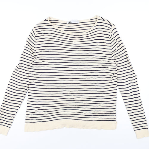 Zara Womens Beige Round Neck Striped Viscose Pullover Jumper Size S