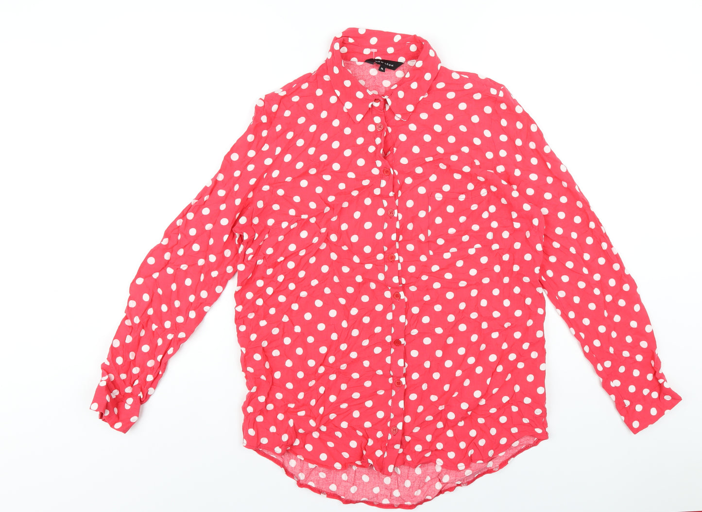 New Look Womens Red Polka Dot Viscose Basic Button-Up Size 14 Collared