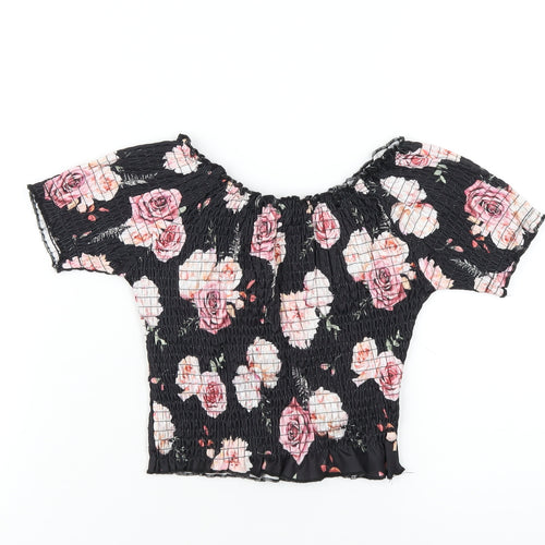 Firetrap Girls Black Floral Polyester Basic T-Shirt Size 9-10 Years Scoop Neck Pullover