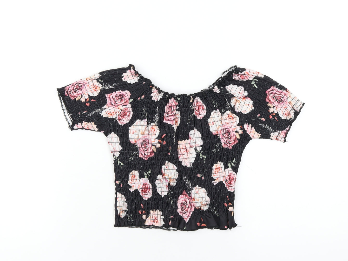 Firetrap Girls Black Floral Polyester Basic T-Shirt Size 9-10 Years Scoop Neck Pullover