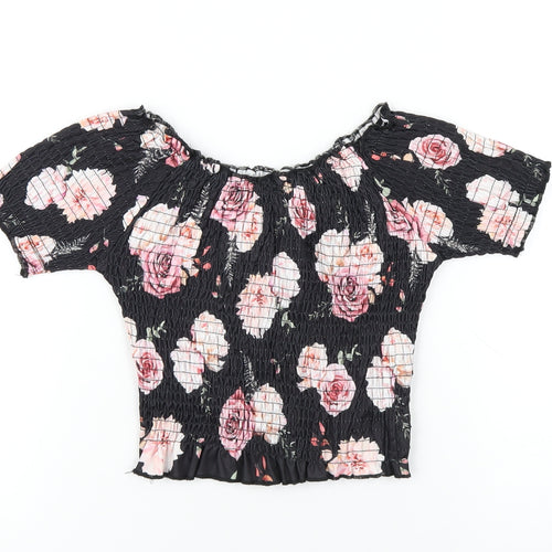 Firetrap Girls Black Floral Polyester Basic T-Shirt Size 9-10 Years Scoop Neck Pullover