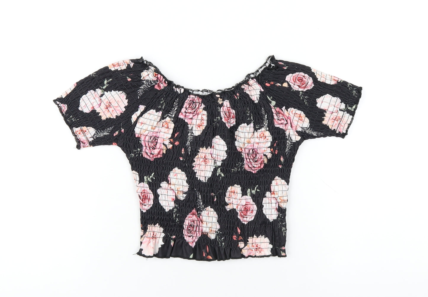 Firetrap Girls Black Floral Polyester Basic T-Shirt Size 9-10 Years Scoop Neck Pullover