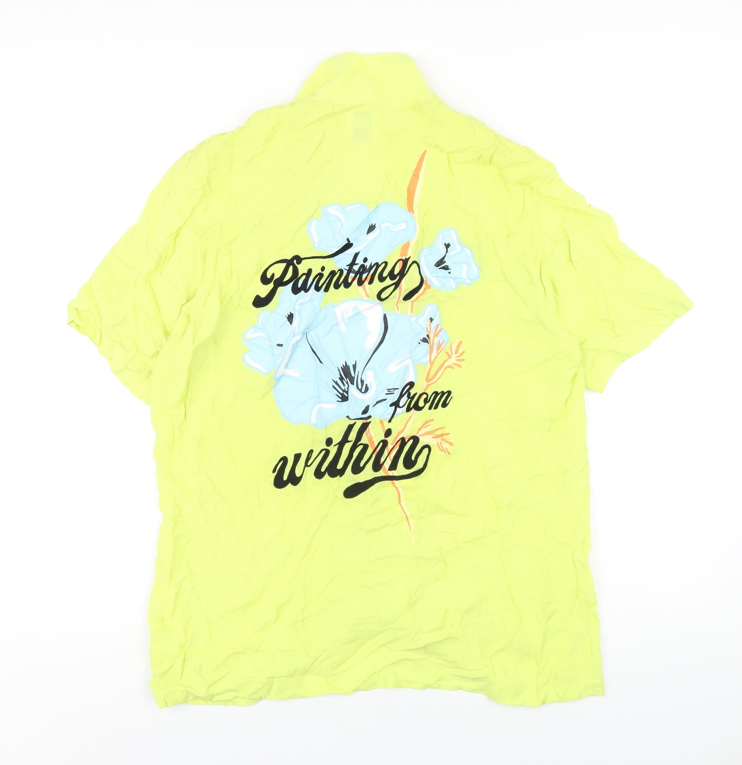 Zara Mens Yellow Viscose Button-Up Size M Collared Button