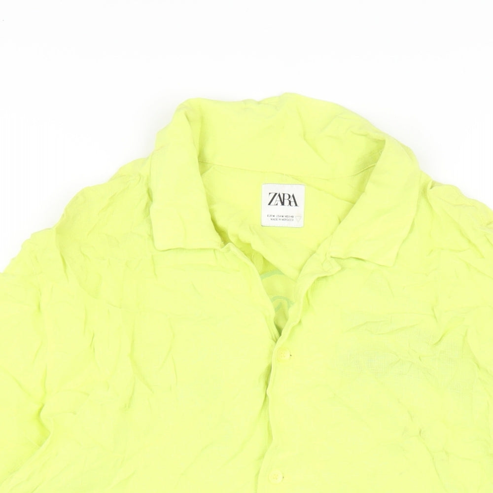 Zara Mens Yellow Viscose Button-Up Size M Collared Button