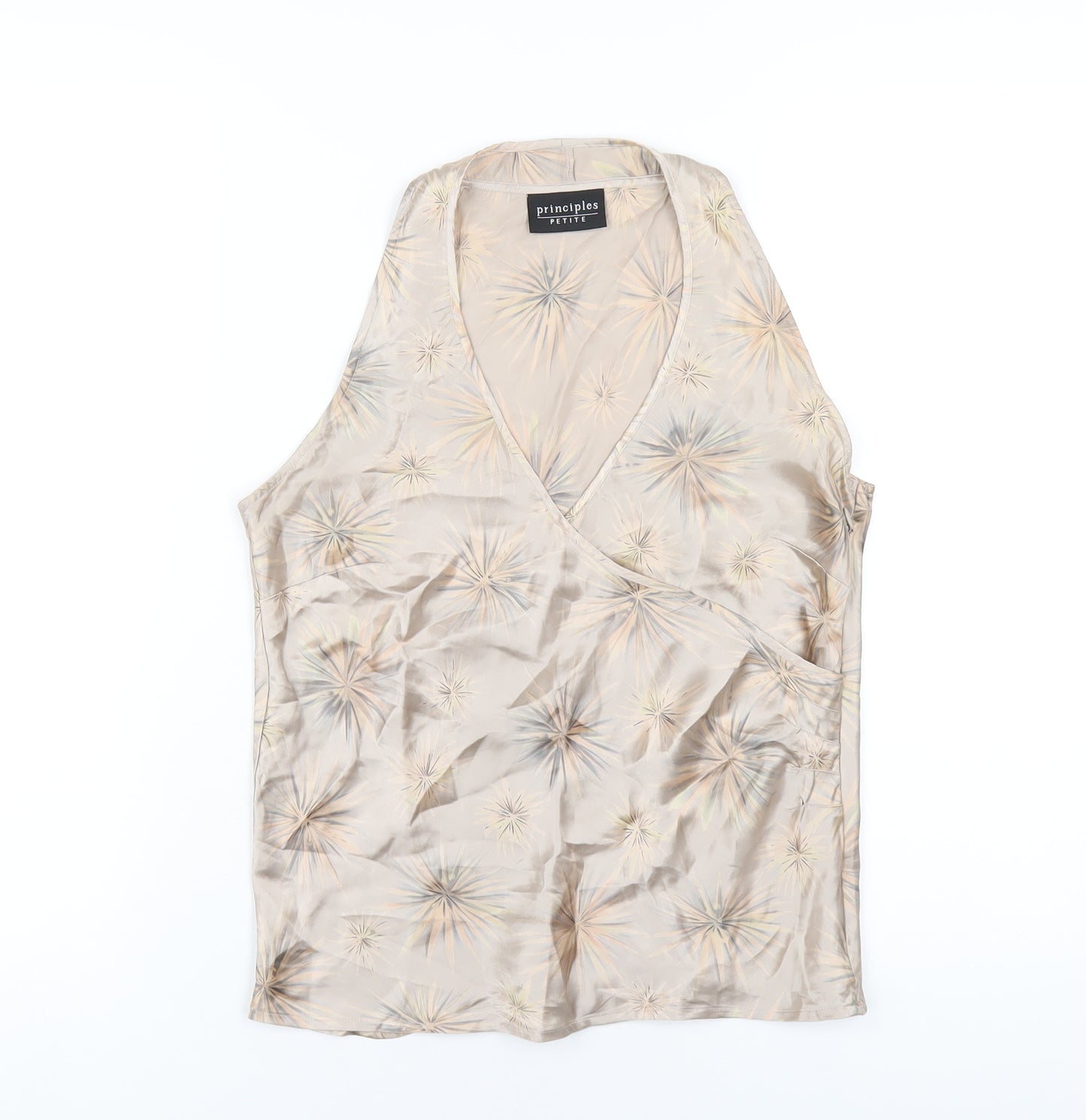 Principles Womens Beige Geometric Silk Basic Tank Size 10 V-Neck