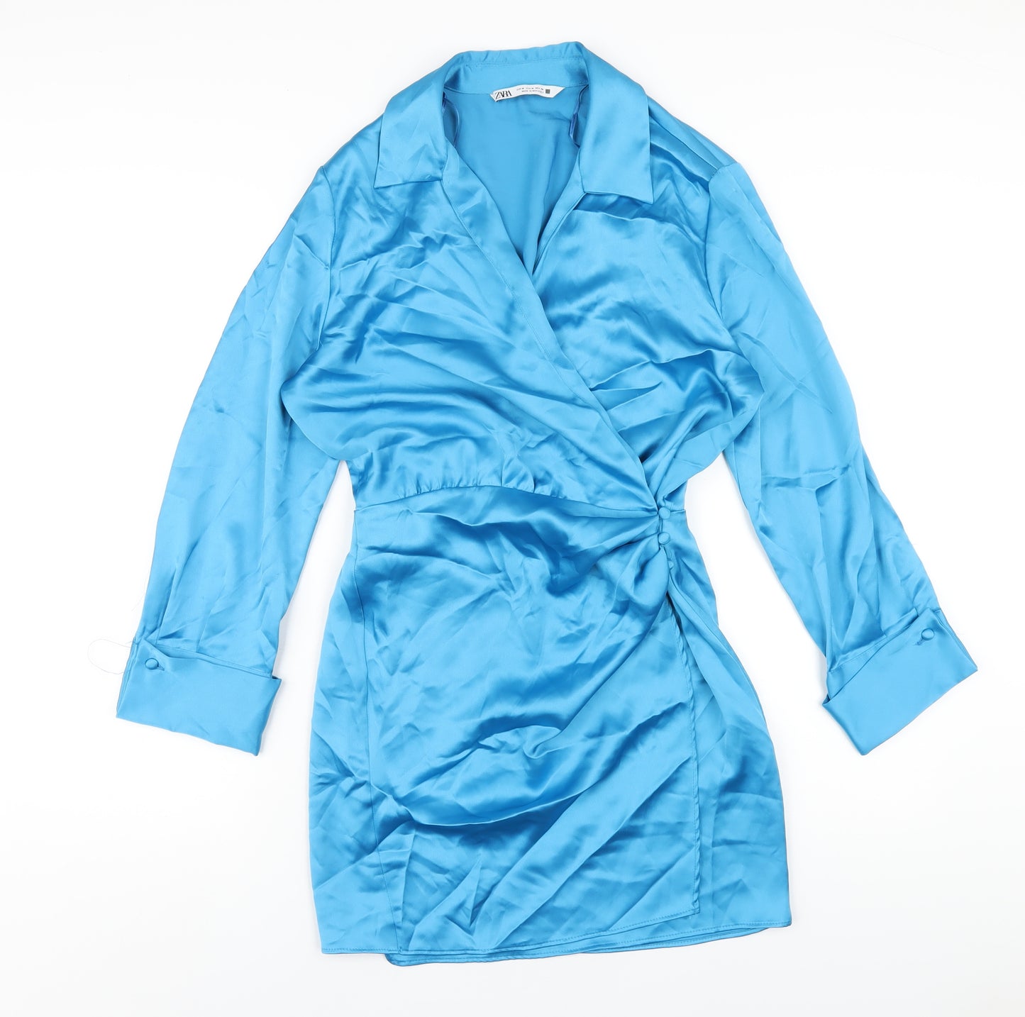 Zara Womens Blue Polyester A-Line Size M Collared Button