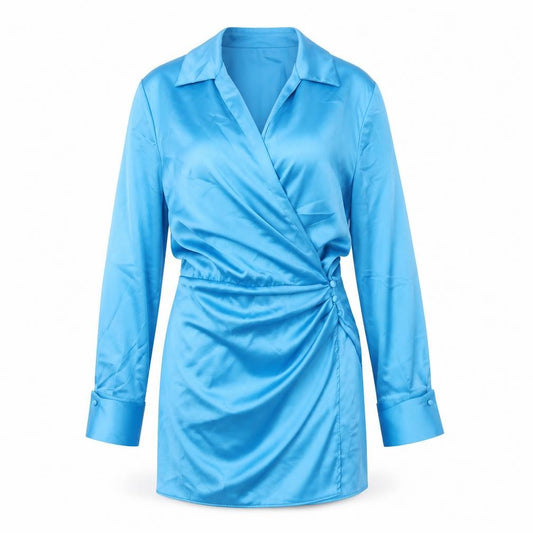 Front view of Zara women’s blue polyester a-line, size M, collared button