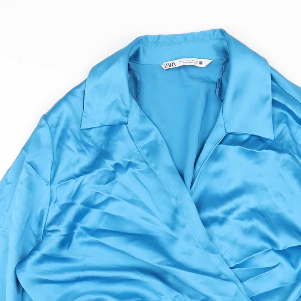 Zara Womens Blue Polyester A-Line Size M Collared Button