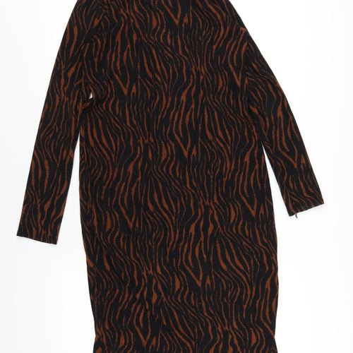 Zara Womens Black Animal Print Polyester A-Line Size L Roll Neck Pullover