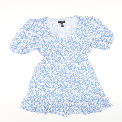 New Look Womens Blue Floral Viscose A-Line Size 12 V-Neck Pullover