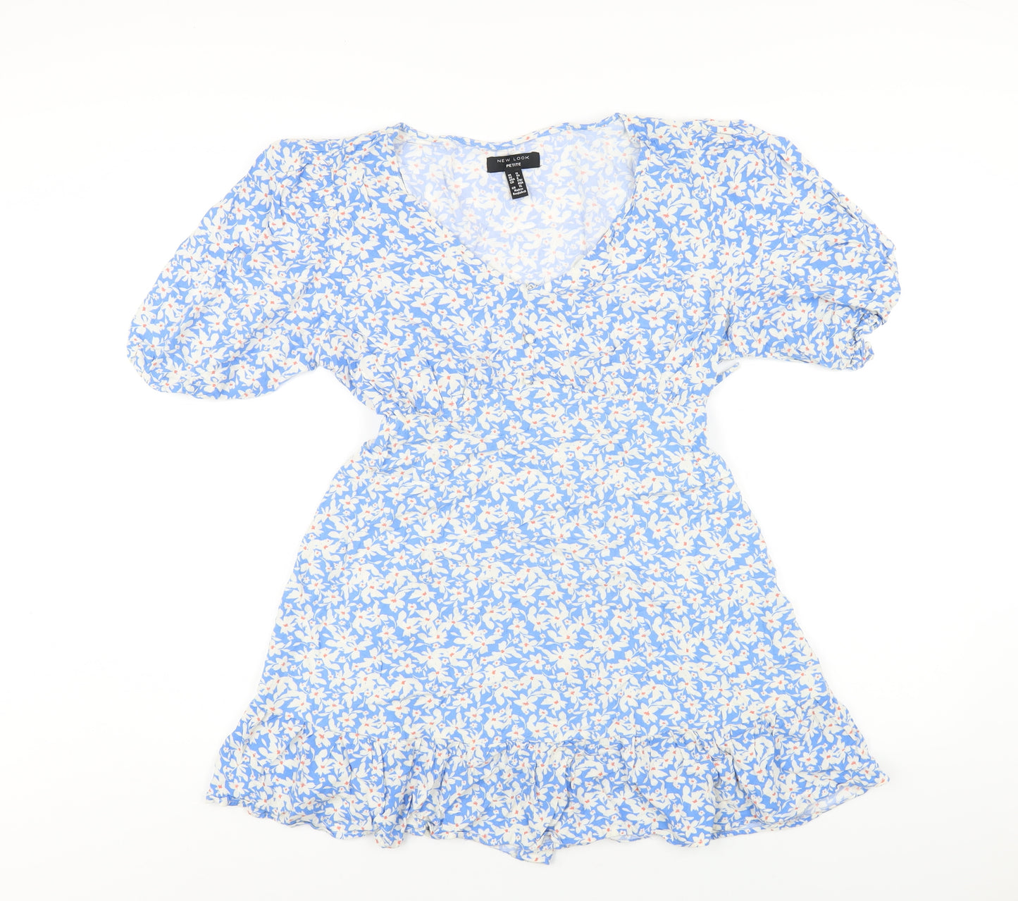New Look Womens Blue Floral Viscose A-Line Size 12 V-Neck Pullover
