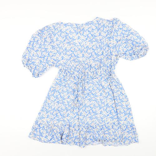 New Look Womens Blue Floral Viscose A-Line Size 12 V-Neck Pullover