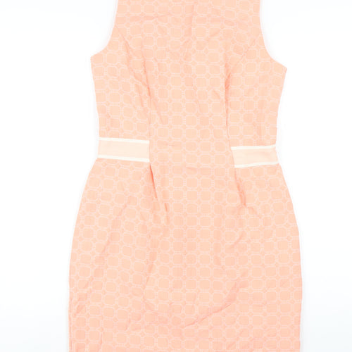 Marks and Spencer Womens Pink Geometric Polyester Pencil Dress Size 10 Round Neck Zip