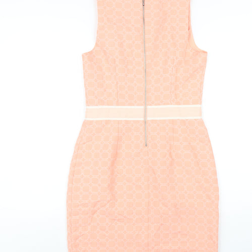 Marks and Spencer Womens Pink Geometric Polyester Pencil Dress Size 10 Round Neck Zip