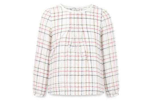 Front view of Next women’s multicoloured check polyester basic blouse, size UK 6, round neck