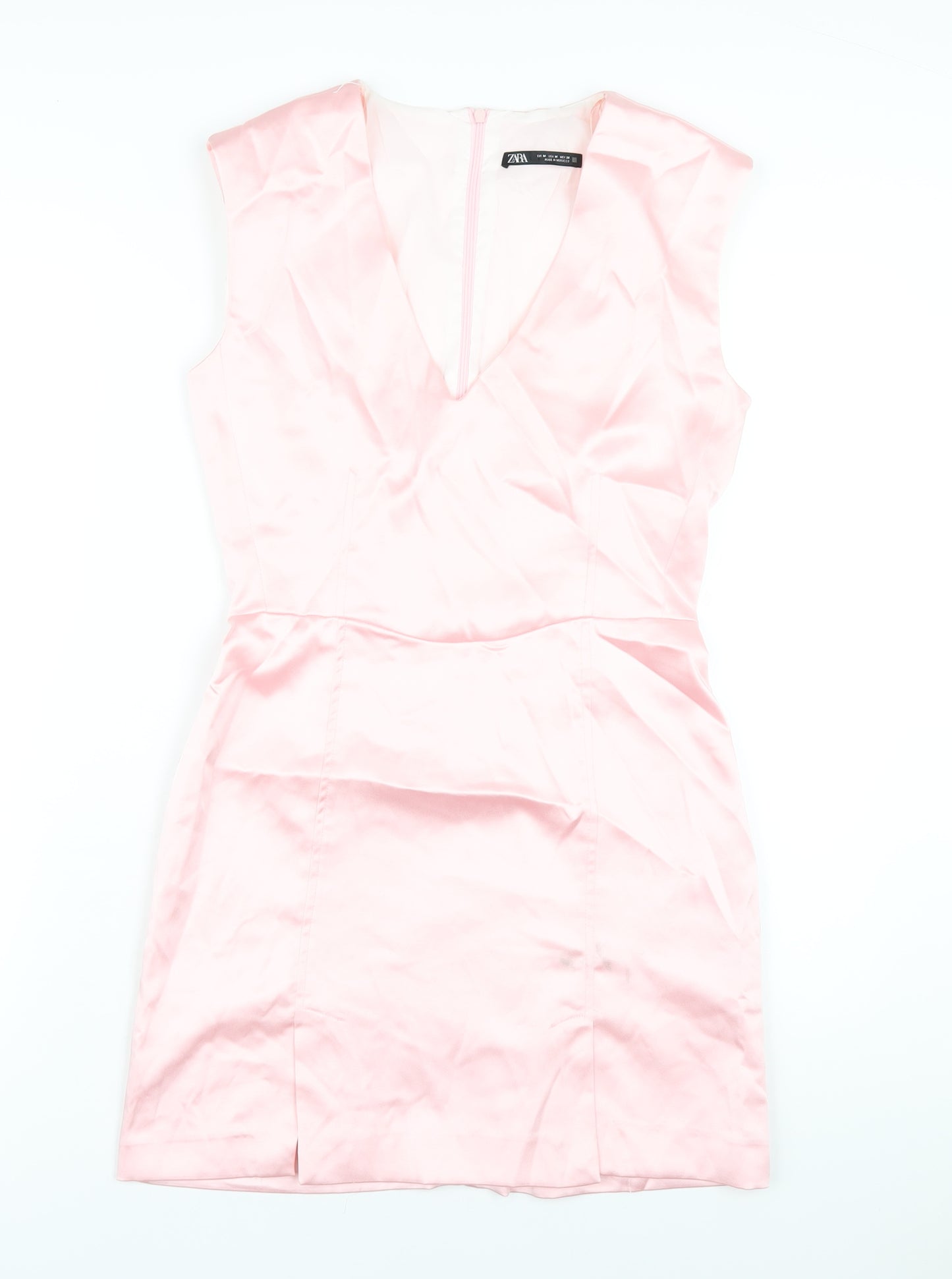 Zara Womens Pink Polyester A-Line Size M V-Neck Zip