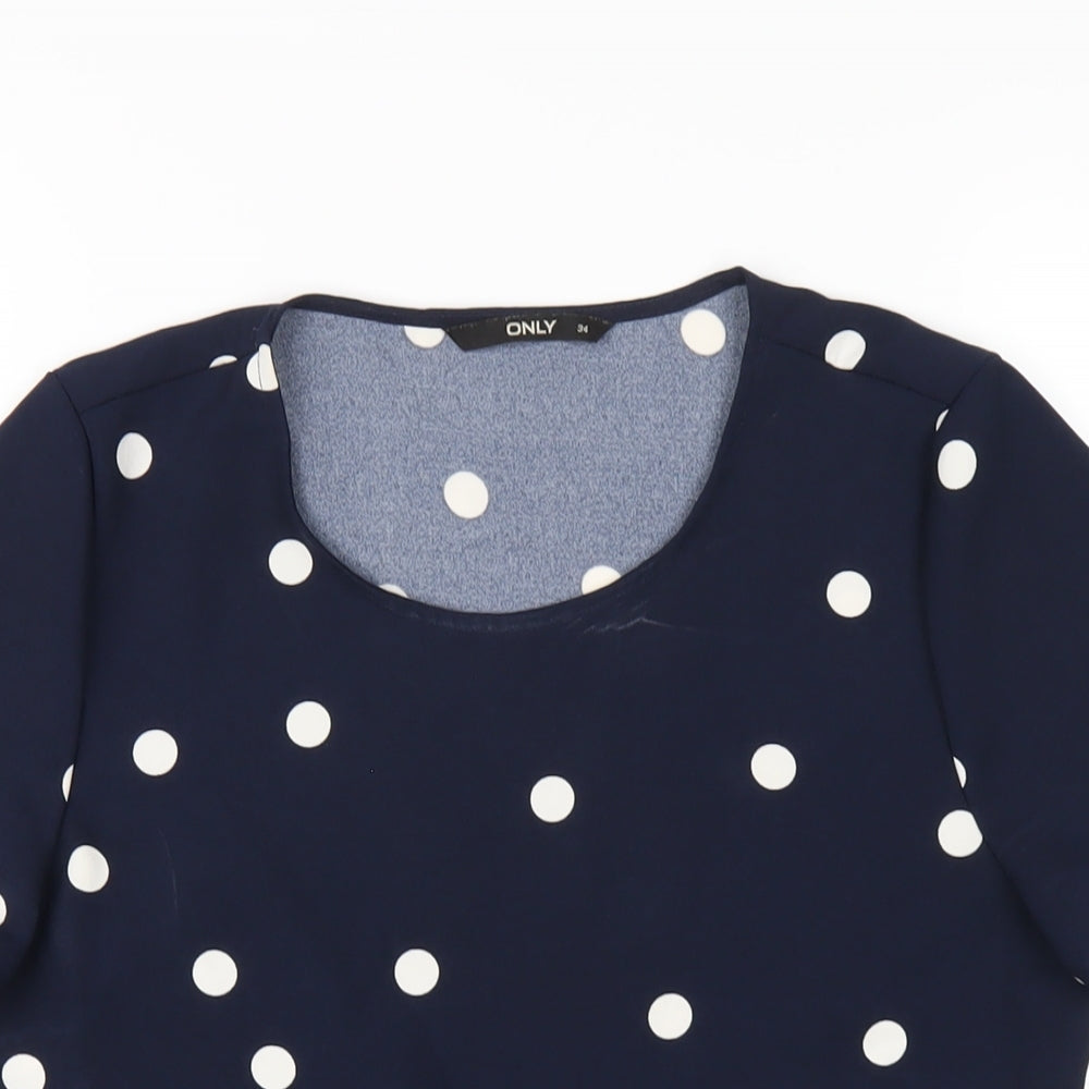 Only Womens Blue Polka Dot Polyester Basic T-Shirt Size 6 Round Neck