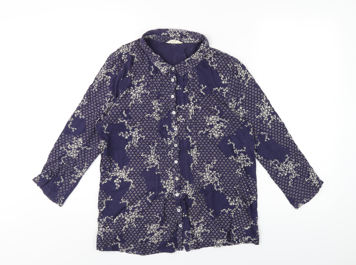 White Stuff Womens Blue Geometric Cotton Basic Button-Up Size 14 Collared