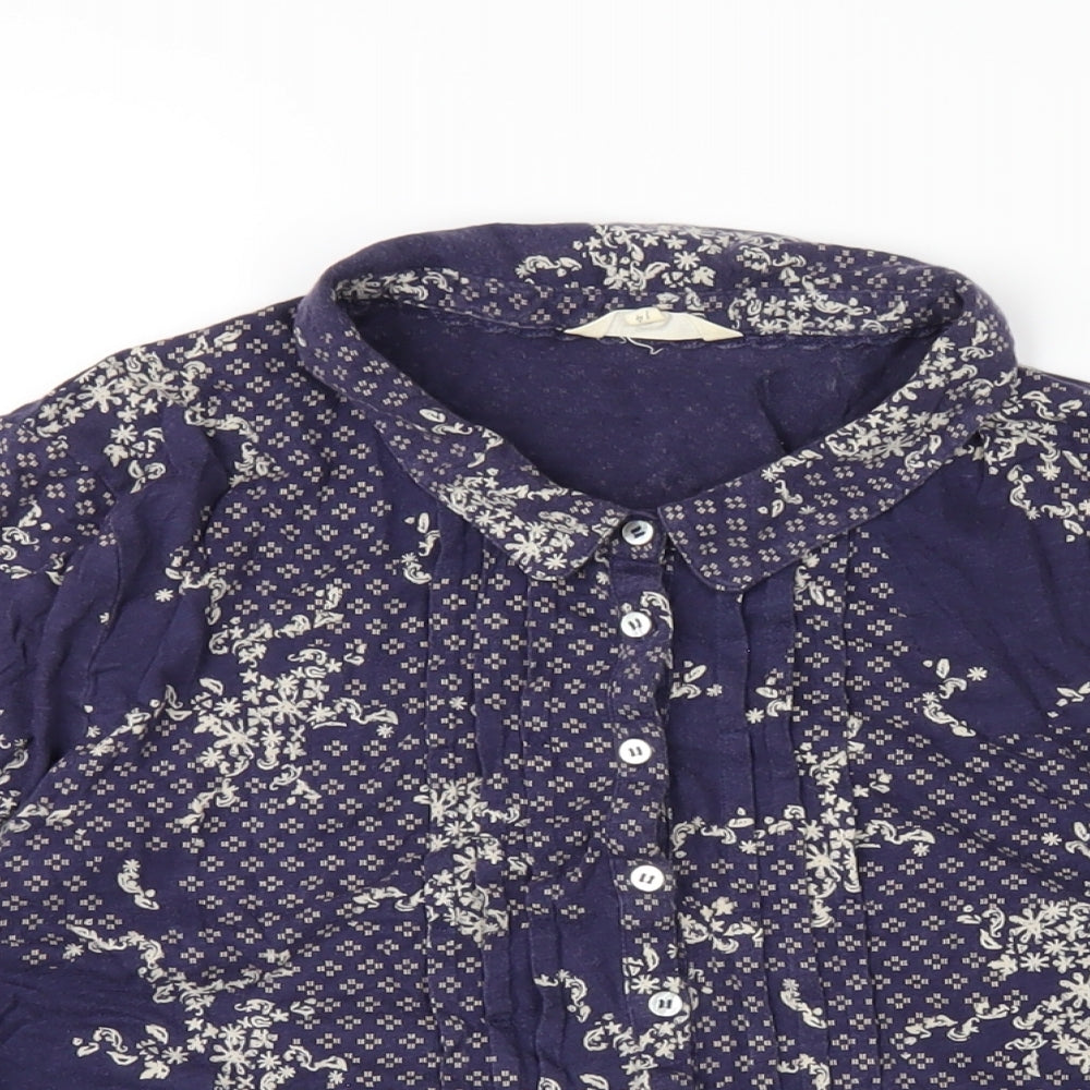 White Stuff Womens Blue Geometric Cotton Basic Button-Up Size 14 Collared