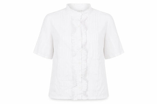 Front view of Miladys women’s white polyester basic button-up, size UK 12, mock neck