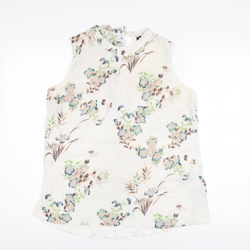 Warehouse Womens Ivory Floral Polyester Basic T-Shirt Size 16 Round Neck