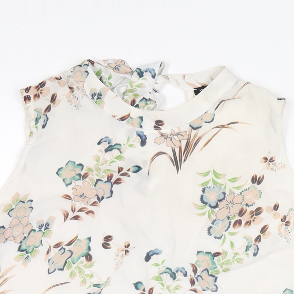 Warehouse Womens Ivory Floral Polyester Basic T-Shirt Size 16 Round Neck