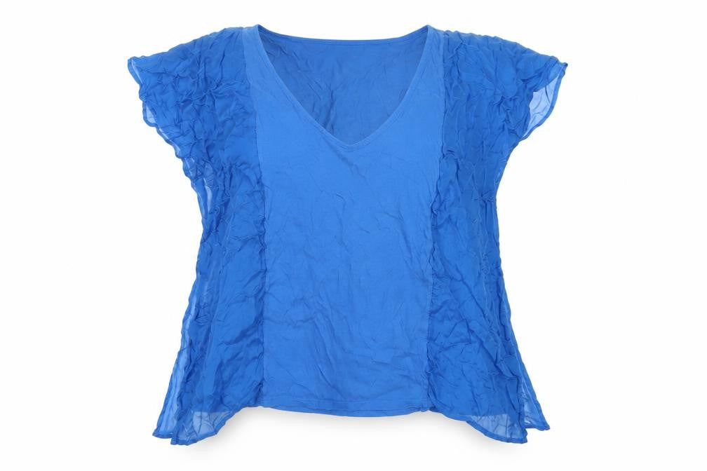 Front view of French Connection women’s blue cotton basic t-shirt, size L, v-neck